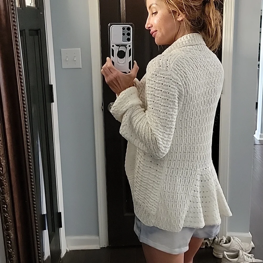 Madison Petite Crochet Open Weave Knit Balloon Sleeve Cardigan with Ruffle Back - Picture 2 of 9